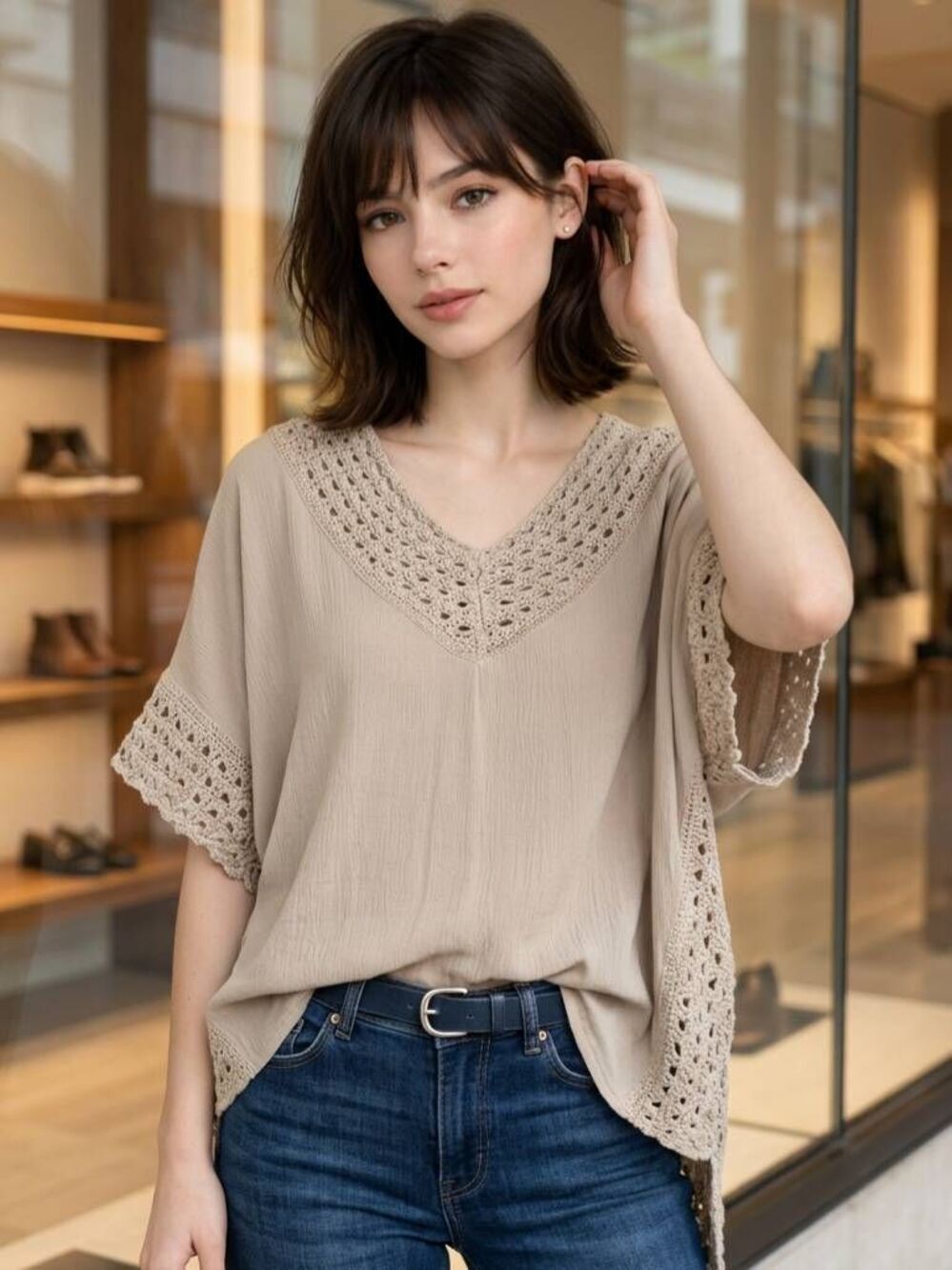 🔹️Knox Rose Tan Vneck Knit Lined Poncho Style Sweater XSmall